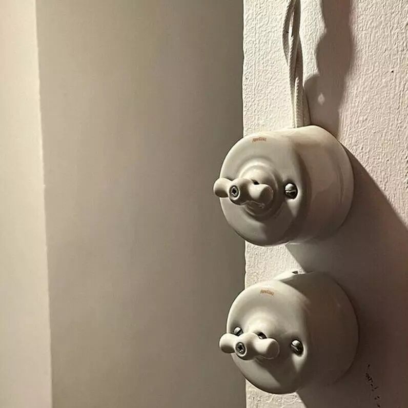 Situ�s l'un au-dessus de l'autre, deux interrupteurs Garby en porcelaine blanche sont dispos�s en saillie. Celui du bas n'est rattach� � aucun c�ble, contrairement � celui situ� au-dessus.