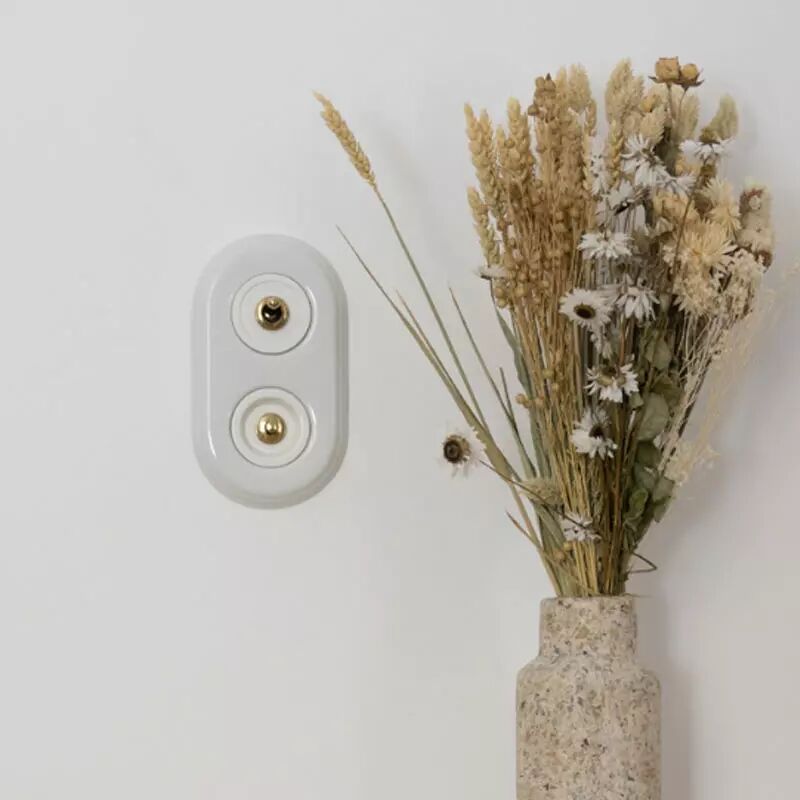 Install�e sur un mur blanc, � proximit� d'une plante, se trouve une plaque de finition double en porcelaine blanche accueillant un interrupteur en porcelaine blanche et levier dor�. Un bouton poussoir se situe �galement sur cette plaque, sous l'interrupteur va-et-vient. 