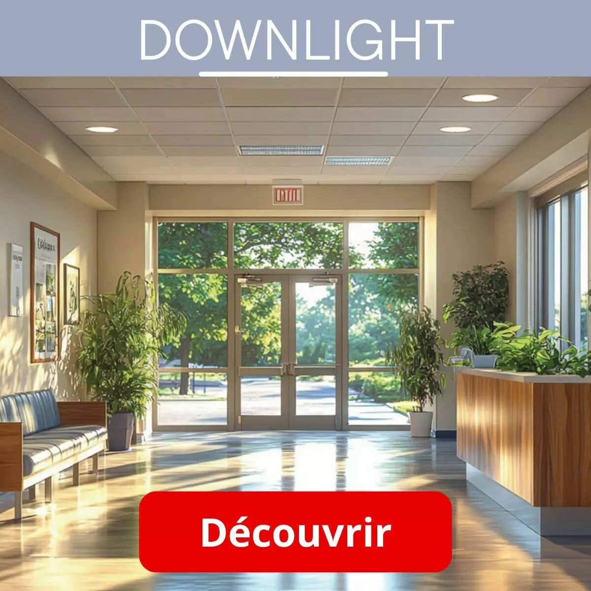 Un hall d'entr�e tr�s soign�, enrichi de la pr�sence de plantes et laissant ses baies vitr�es r�v�ler la verdure ext�rieure, est �clair� par des spots Downlight install�s au pafond.