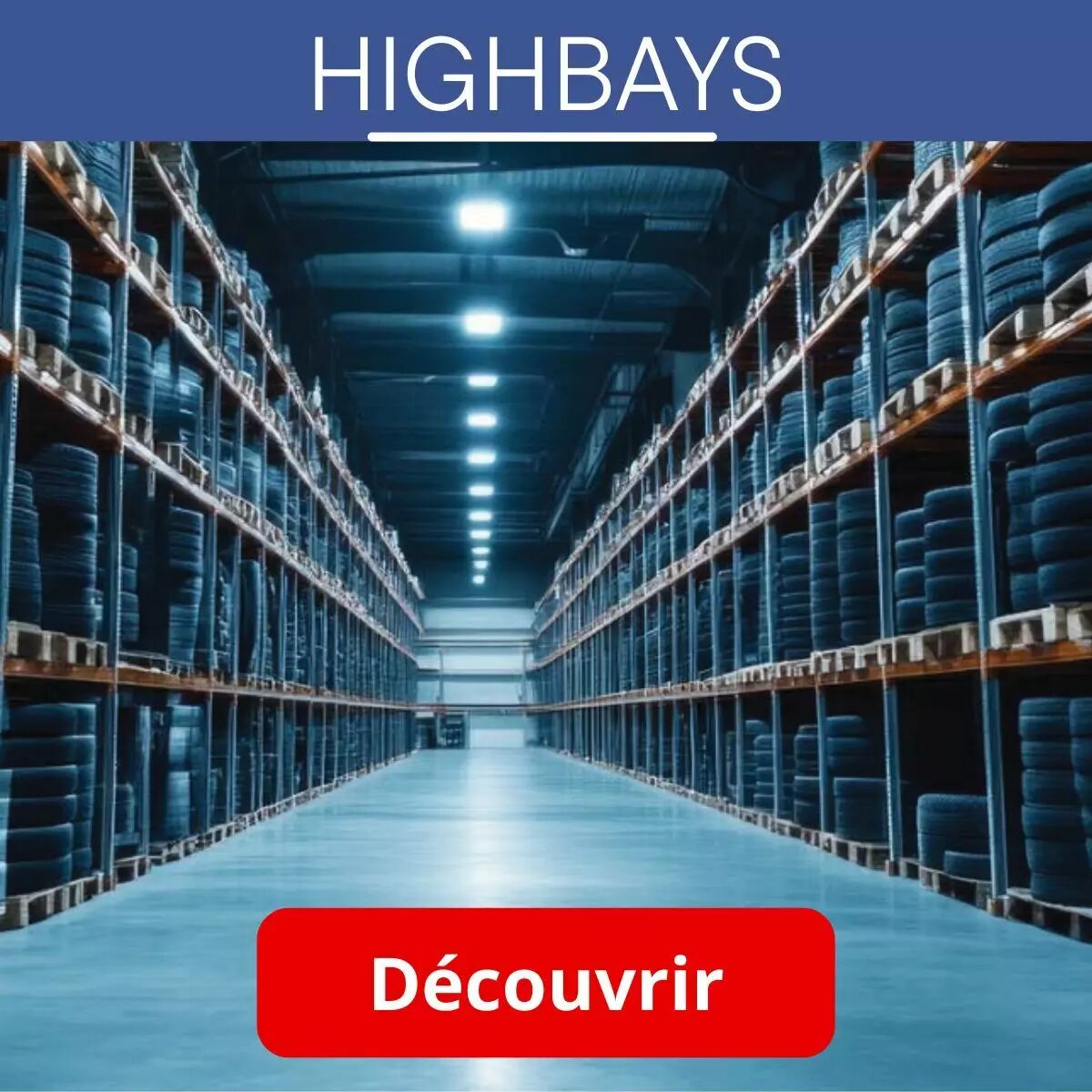 L'all�e d'un entrep�t est �clair�e par une dizaine de sources d'�clairage de type Highbay