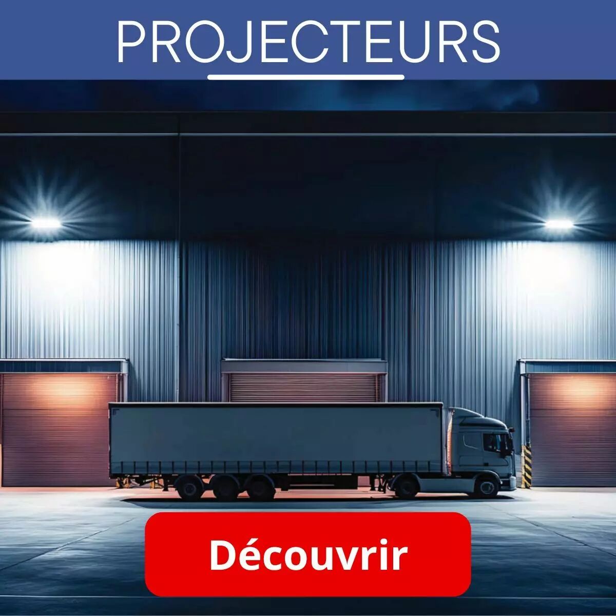 Mise en situation des projecteurs Miidex dans une plateforme de chargement de camions. Les spots �clairent les entr�es de deux garages alors qu un camion passe devant.