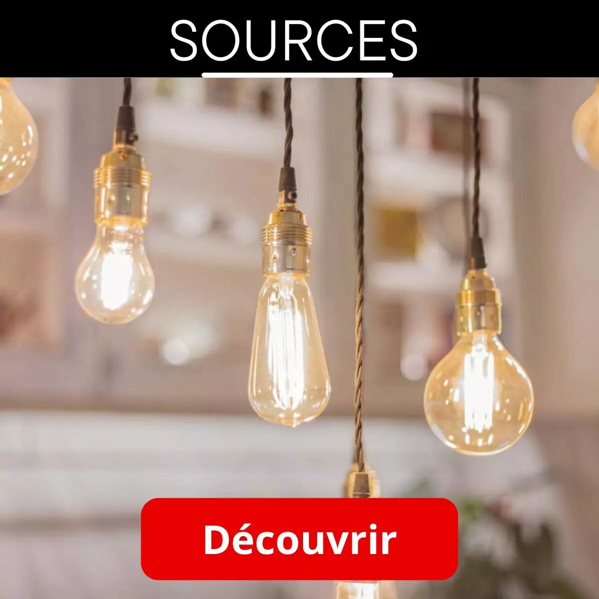 Pr�sentation de la cat�gorie des sources, principalement des ampoules, au sein de la collection des produits Miidex. L'image pr�sente des ampoules � filaments suspendues.