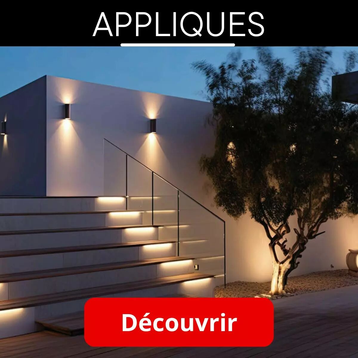 Pr�sentation des appliques Miidex, ici mises en situation dans un environnement ext�rieur � la tomb�e de la nuit, par temps clair. Les appliques mettent en valeur la puret� du mur blanc qui s'�l�ve � proximit� d'un arbre et d'un escalier lumineux.