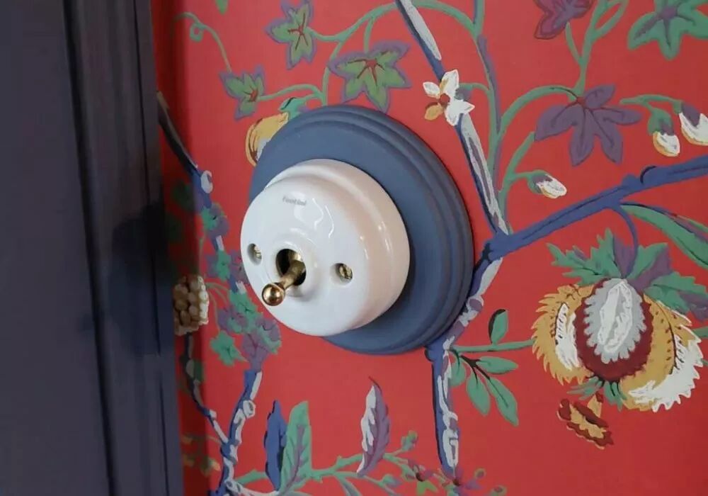Installation d'un interrupteur en porcelaine blanche avec levier dor� sur socle en bois gris peint. Cet ensemble est pos� sur un mur � la tapisserie rouge agr�ment�e de feuillages verts et de branches grises.