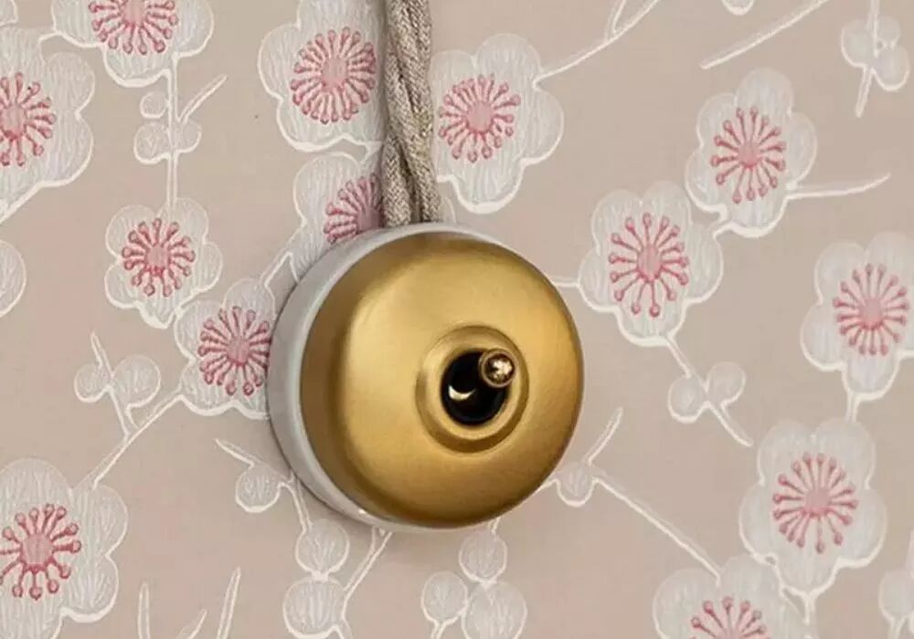 Pr�sentation d'un interrupteur de la collection Dimbler � base porcelaine blanche et d�me et levier dor�s. Installation en saillie avec un c�ble tress� en haut de l'installation. Le mur pr�sente une tapisserie � fleurs blanches et roses.