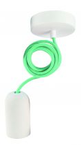 Suspension béton E27 pavillon blanc métallique et câble textile 2m jade poudré