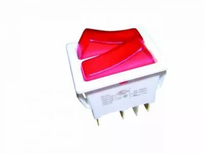 Interrupteur � encastrer unipolaire blanc lumineux ON-OFF, 2 bascules rouges, 25x32x31mm, d�coupe 30x22mm, 230V 16A, cosses 6,35