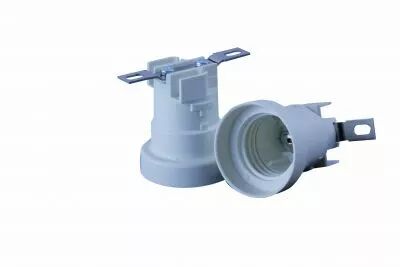 Douille monobloc pour E27 250V 4A T210�C, avec �querre m�tallique plate, 2 trous pour vis M4, bornes � vis et borne de terre (12