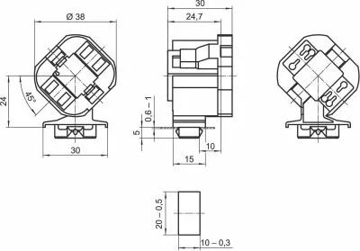 Douille carr�e pour G24Q4-GX24Q4 � clipser 250V 2A, � clipser par le haut (d�coupe de 10x20mm,) et douille inclin�e de 45 degr�s