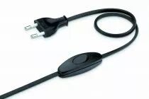 Cordon 2,4 mètres avec fiche 2 pôles et interrupteur à main à 1,2m de la fiche, méplat 2x0,75mm2, dégainé 21mm dénudé 7mm, noir 