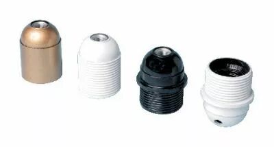 Douille bak�lite lisse pour E27 250V 2A, mont�e non bloqu�e, dor� verni, filetage m�tallique M10x1 et vis d'antirotation (140060