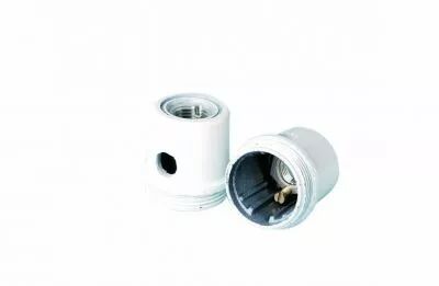 Capuchon bak�lite pour E14 H=21mm, sortie c�ble sur le cot�, filetage M10x1 m�tallique, vis de blocage et trou lat�ral noir (140