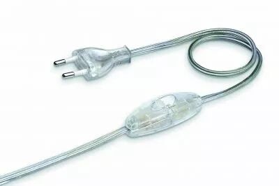 Cordon 3 m�tres avec fiche 2 p�les et interrupteur � main � 1,5m de la fiche, m�plat 2x0,75mm2, d�gain� 21mm d�nud� 7mm, transpa