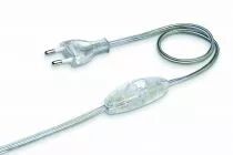 Cordon 3 mètres avec fiche 2 pôles et interrupteur à main à 1,5m de la fiche, méplat 2x0,75mm2, dégainé 21mm dénudé 7mm, transpa
