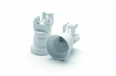 Douille monobloc pour E27, 250V 4A T210�C avec �querre plastique, fixation par Vis M4, connexions automatiques, inclinaison 3 de