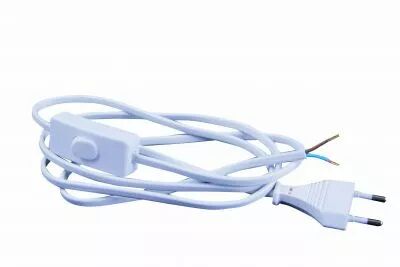Cordon 1,5 m�tres avec fiche 2 p�les et interrupteur � main � 1m de la fiche, m�plat 2x0,75mm2, embouts sertis, lov�, blanc (140