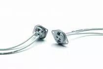 Douille stéatite GU5,3/GX6,35/GZ6,35 avec équerre, 24V 10A T300°C, câble  T180°C 125mm, fixation par équerre métallique pour vis