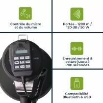 M&eacute;gaphone puissant de 50w, sir&egrave;ne int&eacute;gr&eacute;e, enregistrement, r&eacute;glage du volume, lecture bluetooth, microphone &agrave; main et prise mp3