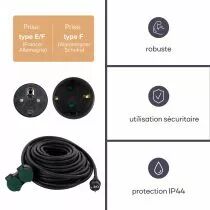 Rallonge &eacute;lectrique avec 2 prises - usage ext&eacute;rieur - 10 m - noir - 3g2.5 - terre allemande (EGEC25210G)