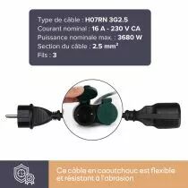 Rallonge &eacute;lectrique avec 2 prises - usage ext&eacute;rieur - 10 m - noir - 3g2.5 - terre allemande (EGEC25210G)