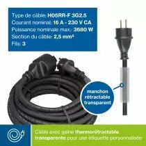 Rallonge en caoutchouc avec gaine r&eacute;tractile - 3g2.5 - 15 m - terre fran&ccedil;aise (EC15R25STBHQ)