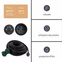 Rallonge &eacute;lectrique avec 2 prises - usage ext&eacute;rieur - 20 m - noir - 3g2.5 - terre fran&ccedil;aise - (EGEC25220)
