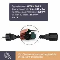 Rallonge &eacute;lectrique avec 2 prises - usage ext&eacute;rieur - 20 m - noir - 3g2.5 - terre fran&ccedil;aise - (EGEC25220)