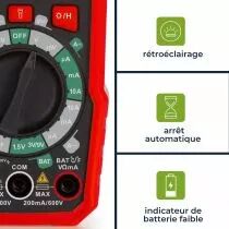 Multim&egrave;tre num&eacute;rique universel antichoc &agrave; valeur efficace vraie - cat iii - 600 v - 8 fonctions (DVM020)
