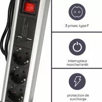 Multiprise de table - 3 prises - 2 ports usb - 2.4 a - terre allemande (EBP03DSUN1-G)