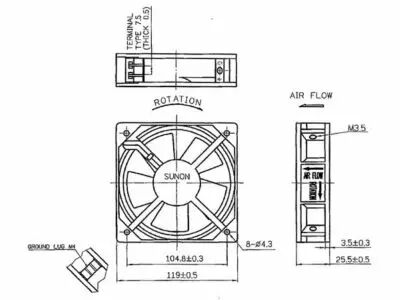 2122hst ventilateur sunon 230vca roulement a aiguilles 120 x 120 x 25mm (BLS220/25)