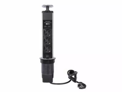 BLOC 3 PRISES ESCAMOTABLE + 2 x USB - TERRE ALLEMANDE (EBP03LUSB-G)