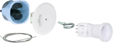 Bo�te dcl point de centre sp�cial bbc + dispositif d\'arrimage int�gr� (filin de 2m)+ fiche/douille dcl e27  diam�tre 67 mm (5309