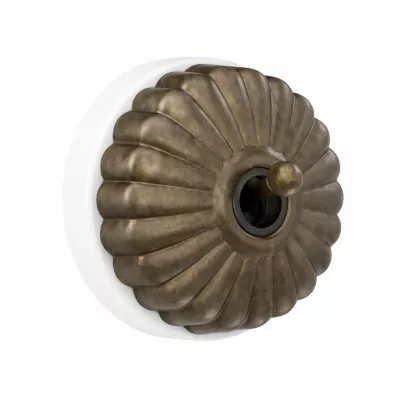 Bouton poussoir Dimbler en porcelaine blanche avec d�me charlotte bronze ancien et manette laiton vieilli