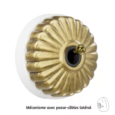 Bouton poussoir Dimbler en porcelaine blanche avec d�me charlotte dor�e satin�e et manette dor�e brillante porcelaine blanche, a
