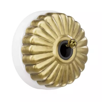 Bouton poussoir Dimbler en porcelaine blanche avec d�me charlotte dor�e satin�e et manette dor�e brillante