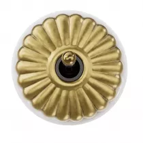 Bouton poussoir Dimbler en porcelaine blanche avec d&ocirc;me charlotte dor&eacute;e satin&eacute;e et manette dor&eacute;e brillante