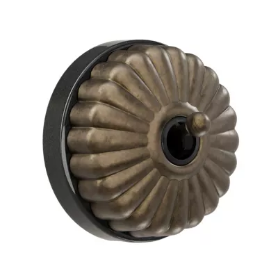 Bouton poussoir Dimbler en porcelaine noire avec d�me charlotte bronze ancien et manette laiton vieilli