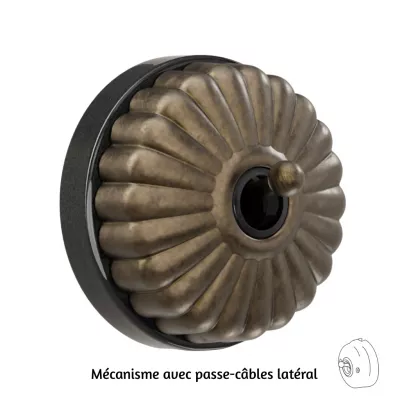 Bouton poussoir Dimbler en porcelaine noire avec d�me charlotte bronze ancien et manette laiton vieilli, avec passe-c�bles