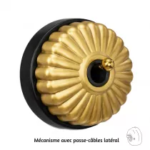 Bouton poussoir Dimbler en porcelaine noire avec d&ocirc;me charlotte dor&eacute; satin&eacute; et manette dor&eacute;e brillante, avec passe-c&acirc;bles