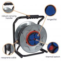 ENROULEUR NEOPRENE AVEC SYSTEME \ ANTI-TWIST\  - 25m - 3G2.5 - 4 PRISES