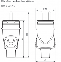 Fiche 2P+T 16 A caoutchouc sortie droite - IP 44 IK 08 câble Ø2,5 mm²