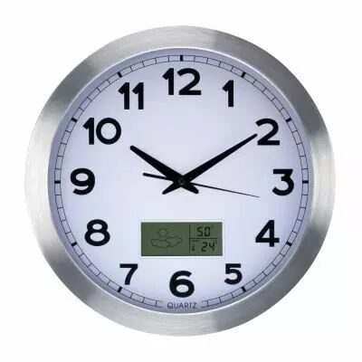 Horloge Murale  En Aluminium Avec �cran Lcd Et Thermom�tre, Hygrom�tre & Pr�visions M�t�o - � 35 Cm (WC102)