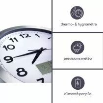 Horloge Murale  En Aluminium Avec &Eacute;cran Lcd Et Thermom&egrave;tre, Hygrom&egrave;tre & Pr&eacute;visions M&eacute;t&eacute;o - &Oslash; 35 Cm (WC102)