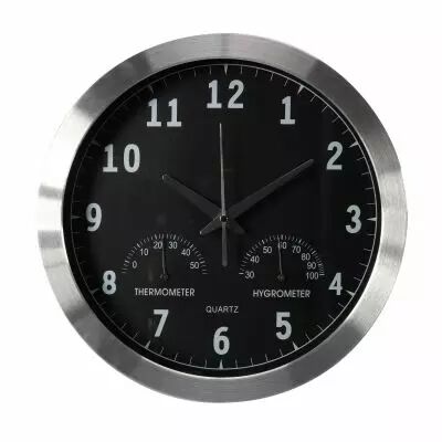 Horloge Murale  En Aluminium Avec Thermom�tre & Hygrom�tre - � 35.5 Cm (WC118)