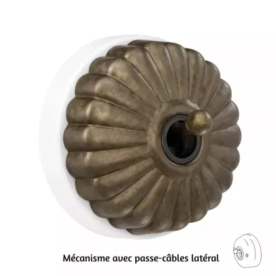 Interrupteur va-et-vient Dimbler en porcelaine blanche avec d�me charlotte bronze ancien et manette laiton vieilli porcelaine bl