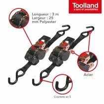JEU DE 2 x SANGLE D\'ARRIMAGE &Agrave; CLIQUET - 300 kg - 3 m x 25 mm (ARAT11X2)