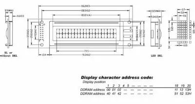 Lcd 20 x 2 bottom view type transflectif - avec retro-eclairage jaune (LCD2002BLC)