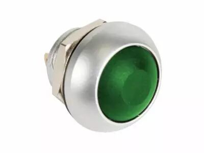 Poussoir m�tallique rond avec capuchon vert - 1p spst off-(on) (R1398G)