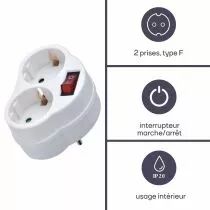 Prise Interm&eacute;diaire Avec Interrupteur On/Off - 2 Prises - Terre Allemande (EB2SWN-G)