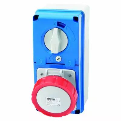 Prises verticales �tanches avec interrupteur de verrouillage 50/60hz avec fond et socle porte fusible (IEC309) (IP67)2p+t 16a 40